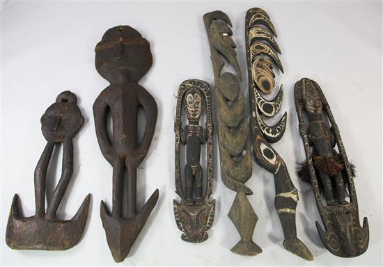 Six Sepik River various tribal food hooks & hook masks